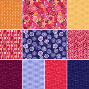 Happiness jelly roll by Pippa Shaw for Figo fabrics chrysanthemums large flowers purple red pink blue blue colorful happy fabric 