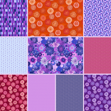 Load image into Gallery viewer, Happiness jelly roll by Pippa Shaw for Figo fabrics chrysanthemums large flowers purple red pink blue blue colorful happy fabric 
