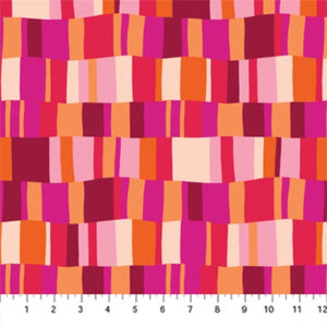 Happiness by Pippa Shaw for Figo Fabrics bold pink gold fuschia orange red irregular stripes in different widths in rows cotton quilt weight fabric quilting garments bags 