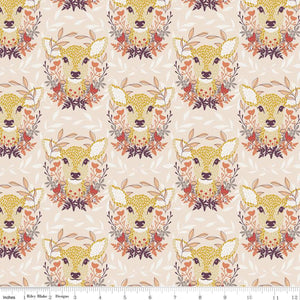 Harmony Oh Deer Blush Doe framed by flowers leaves honey colored soft tones cotton quilting fabric Melissa Lee for Riley Blake Designs 