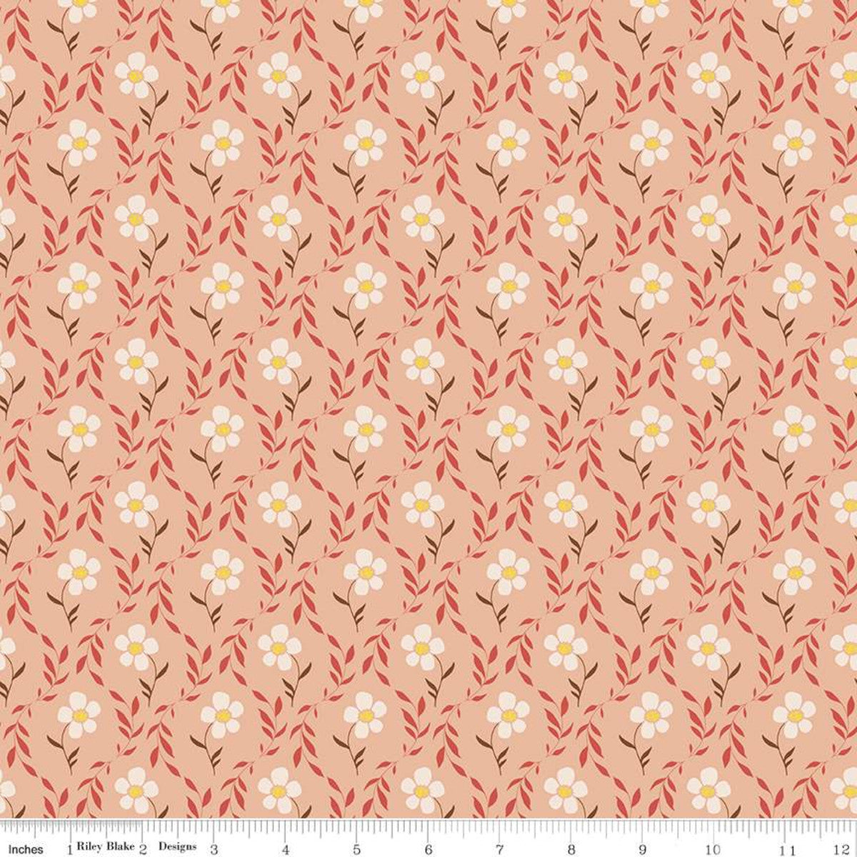 Harmony Bloom Apricot peach soft tones white flowers yellow center orange red leaves cotton quilting fabric Melissa Lee for Riley Blake Designs 