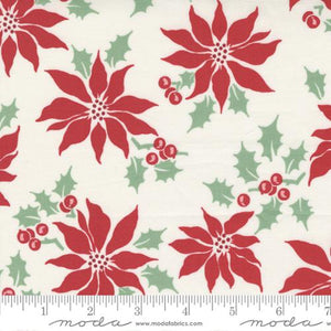 Holly Jolly Christmas by Urban Chiks for Moda Fabrics scattered retro red poinsettias on a snow white cream background with scattered sprigs of holly berries high quailty cotton for quilts aprons pillowcase reusable gift bags tree skirt material