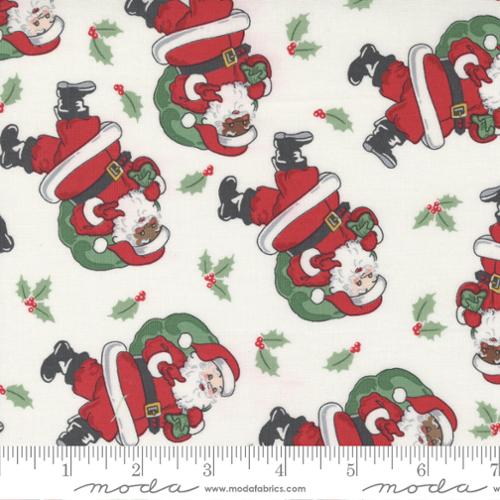 Holly Jolly Christmas by Urban Chiks for Moda Fabrics Santa in all skin tones in red suit black boots green present bag on a snow white cream background with scattered sprigs of holly berries high quailty cotton for quilts aprons pillowcase reusable gift bags tree skirt material