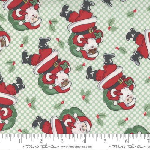 Holly Jolly Christmas by Urban Chiks for Moda Fabrics retro Santa in all skin tones in red suit black boots green present bag mint green plaid on a snow white cream background with scattered sprigs of holly berries high quailty cotton for quilts aprons pillowcase reusable gift bags tree skirt material
