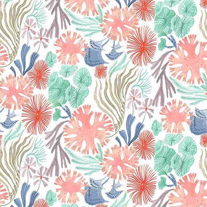 Dear Stella Illuminary Sea Floral Coral white blue pink green red ocean cotton quilting fabric material 
