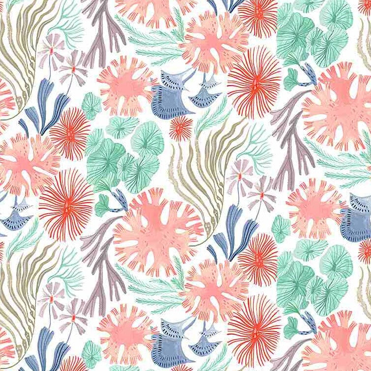 Dear Stella Illuminary Sea Floral Coral white blue pink green red ocean cotton quilting fabric material 