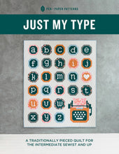 Load image into Gallery viewer, Just My Type Quilt Pattern by Pen and Paper Traditionally Pieced Intermediate sewist quilter typewriter with sheet of paper  typewriter alphabet keys
