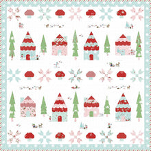 Load image into Gallery viewer, Pixie Ville Row Quilt Boxed Kit by Tasha Noel for Riley Blake Designs Keepsake box with Pixie Noel 2 fabrics for top and binding quilt snow village with mushrooms houses trees in aqua red green and pink adorable Christmas winter holiday gift 
