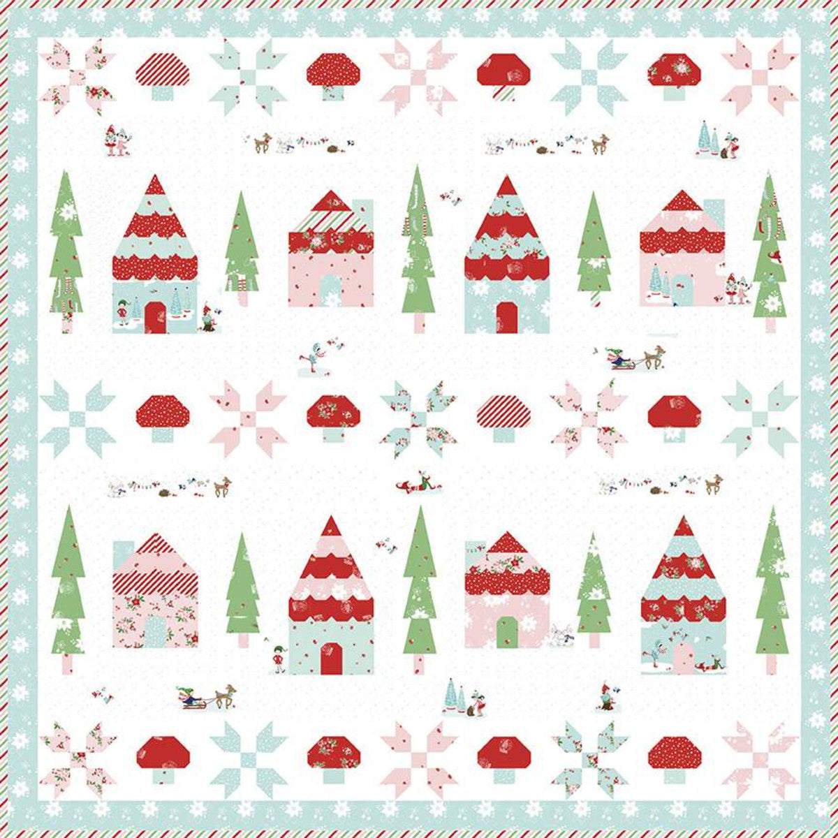 Pixie Ville Row Quilt Boxed Kit by Tasha Noel for Riley Blake Designs Keepsake box with Pixie Noel 2 fabrics for top and binding quilt snow village with mushrooms houses trees in aqua red green and pink adorable Christmas winter holiday gift 