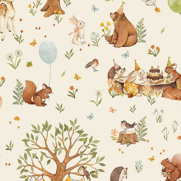 Little Fawn Celebration Birthday Party Animals Bear Squirrel Rabbit Hedgehog Fawn Deer Bird cake party hats woods cotton quilt fabric material