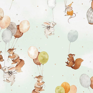 Little Fawn Celebration Up & Up Balloons Stars Animals Bear Squirrel Rabbit Hedgehog Fawn Deer Bird cake party hats woods cotton quilt fabric material