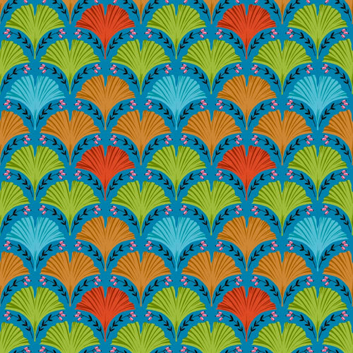 Ginkgo in Blue from Land Art 2 by Odile Bailloeul for Freespirit Fabrics turquoise background with multi-colored red orange green and aqua fanned Ginkgo leaves and small darks stems with tiny pink flowers colorful and fun high quality cotton quilt fabric for graments clothing bags quilts bags and sewing projects