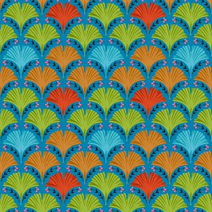 Ginkgo in Blue from Land Art 2 by Odile Bailloeul for Freespirit Fabrics turquoise background with multi-colored red orange green and aqua fanned Ginkgo leaves and small darks stems with tiny pink flowers colorful and fun high quality cotton quilt fabric for graments clothing bags quilts bags and sewing projects