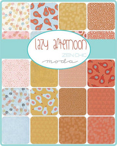 Lazy Afternoon fat quarter bundle by Zen Chic for Moda Fabrics  Scandinavian style prints with fruit pears yarn balls skeins rolling nature prints on light blue golden harvest yellow peach coral saffron high quality quilt cotton for quilts bags sewing projects 