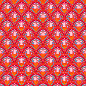Little Amsterdam in Bicycle from Welcome Home by Anna Maria Horner for Freespirit Fabrics reddish orange background with delicate red arches bowing over a tulip and small accents floweres in pale pink lavender and aqua high quality designer cotton fabric for quilts garments clothing and sewing projects