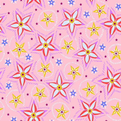 Adelaide in Seaweed from Welcome Home by Anna Maria Horner for Freespirit Fabrics medium pink background with red gray and violet stars outlined in violet dashes and a small yellow center with violet star smaller scattered circles with yellow stars and white outline and smaller blue stars with white accents high quality designer cotton fabric for quilts garments clothing and sewing projects