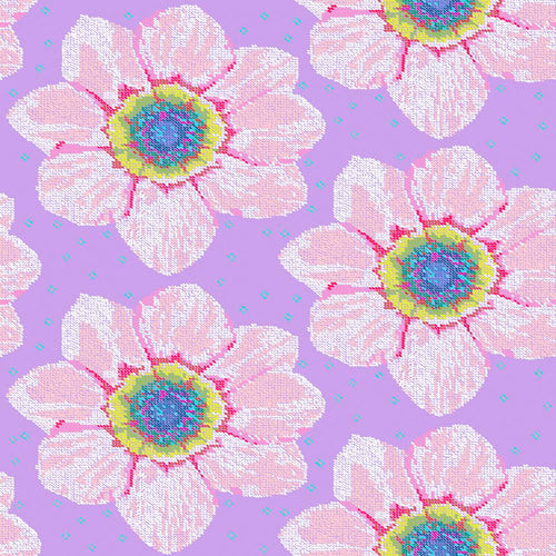 Little Patras in Wedding from Welcome Home by Anna Maria Horner for Freespirit Fabrics lavender backround with large pixelated flowers in pale pink with raspberry accents and yellow and blue centers high quality designer cotton fabric for quilts garments clothing and sewing projects