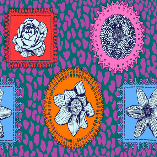 London in Knightsbridge from Welcome Home by Anna Maria Horner for Freespirit Fabrics green and violet leopard spot background with Zinnia Rose Dogwood Magnolia flowers in different colored frames including red orange turquoise and pink high quality designer cotton fabric for quilts garments clothing and sewing projects