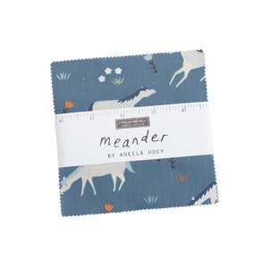 Meander Charm Pack Aneela Hoey Moda Fabrics 5" squares horses plaid foxes floxglove flowers polka dots buffalo check words grid cotton quilt material blue orange red brown