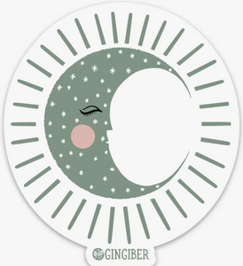 Gingiber vinyl Sticker for sewing machine water bottle tumbler laptop3 inches round soft gray moon with pink cheek closed eye face and scatter stars radiating light Gingiber matte vinyl sticker for laptop water bottle sewing machine tumbler phone grey gray green fingernail moon with face pink cheek closed eye scattered stars and radiating light lines