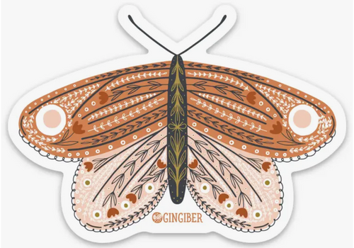 Gingiber matte vinyl sticker for laptop water bottle sewing machine tumbler phone coral peach pink leaves with foliage and flowers on butterfly wings black body and antennaes with gold 