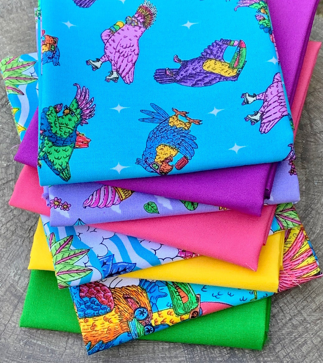 Mulga the Artist Summer Birds Fabrics for Free Spirit Parrots Tucans Roller Skate Mohawk ice cream popsicle bright colors pink purple yellow green turquoise Kona cotton color of the year Cosmos material quilting sewing project 