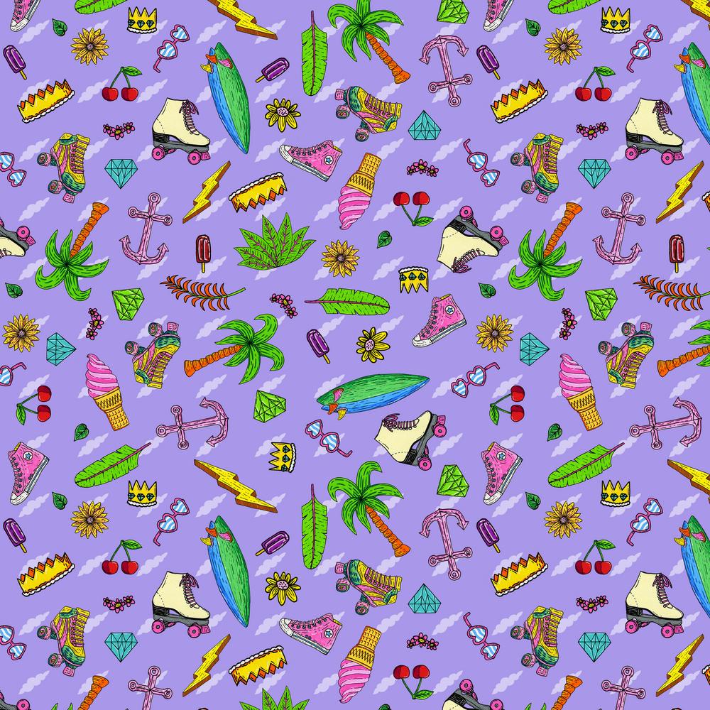 Mulga Free Spirit street artist fabric Summer Loving Lavender purple high top sneaker anchor roller skate palm tree surf board popsicle ice cream fussy cut quilt bag garment sewing material