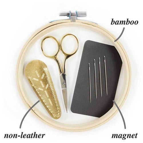 Essential Hand Embroidery Took Kit Magnet Needles Bamboo Hoop Scissors Instruction Book
