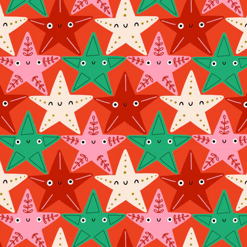 Oh What Fun Novelty Christmas Fabric from Dashwood Studios red background with green red and pink stars with silly eyes and face fun for kids high quality cotton for stockings quilts reusable gift bags tree skirts napkins pillowcases 