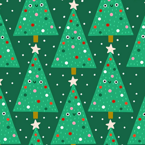 Oh What Fun Novelty Christmas Fabric from Dashwood Studios forest green background with light green triangle shaped trees with pink red green and white polka dots and a white star on top with silly eyes and face fun for kids high quality cotton for stockings quilts reusable gift bags tree skirts napkins pillowcases 
