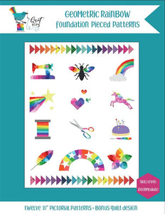 Geometric Rainbow Foundation Pieced Pattern Book by Kristy Lea Quiet Play Stars Unicorn Bee Sewing 
