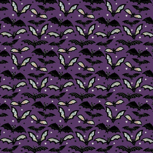 Creatures in Flight from Spellbound by Maude Asbury for Freespirit Fabrics Eggplant  purple background with black and white bats in flight small white stars and tiny black stars scattered between bats hight quality quilt fabric for trick or treat bags quilts and more 