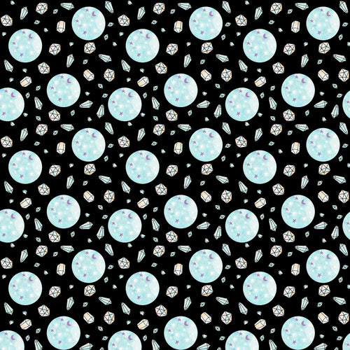 Crystal Ball on Black from Spellbound by Maude Asbury for Freespirit Fabrics Black background with scattered crystall balls in pale blue with lavender fingernail moon and stars in lavender and various sized crystals high quality cotton quilt fabric for trick or treat bags quilts and more 