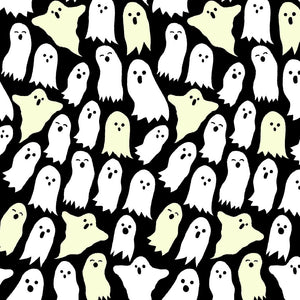 Ghost Tales from Spellbound by Maude Asbury for Freespirit Fabrics Black Glow in the Dark  purple background with ghosts making faces some ghosts white others glow in the dark high quality cotton quilt fabric for trick or treat bags quilts and more 