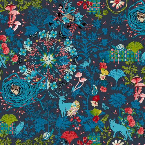 Prairie in Navy from Land Art 2 by Odile Bailloeul for Freespirit Fabrics charcoal gray backgroun navy and blue designs with touches of red and pink deer buck with antlers snail wolf owl mushrooms mouse in  flowers foliage birds butterflies roses birdnests high quality cotton quilt fabric for graments clothing bags quilts bags and sewing projects