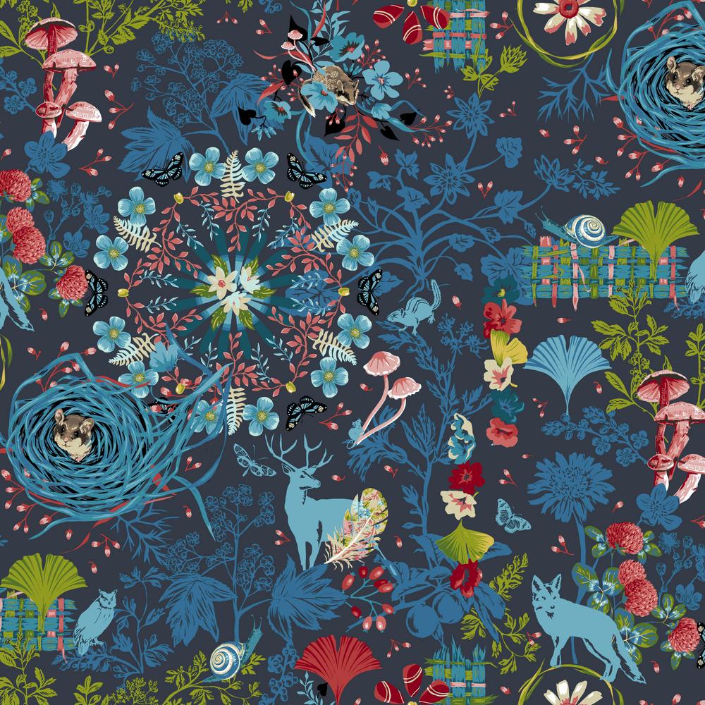 Prairie in Navy from Land Art 2 by Odile Bailloeul for Freespirit Fabrics charcoal gray backgroun navy and blue designs with touches of red and pink deer buck with antlers snail wolf owl mushrooms mouse in  flowers foliage birds butterflies roses birdnests high quality cotton quilt fabric for graments clothing bags quilts bags and sewing projects