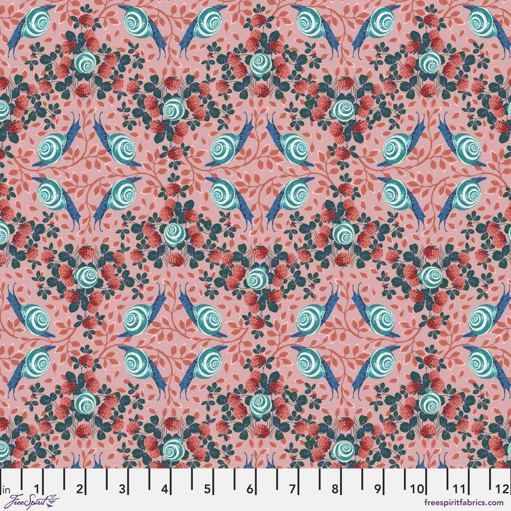 Rain Dance in Rose from Land Art 2 by Odile Bailloeul for Freespirit Fabrics medium rose pink background with clustered circles of small red strawberries and green leaves and blue snails with turquoise swirled shells high quality cotton quilt fabric for graments clothing bags quilts bags and sewing projects