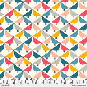 Colorful art deco shaped birds sit beak to beak on a white background. Mr. Big Fox from Poppy Pop by Scion for Freespirit Fabrics Teal background with Scandinavian style simple birds in teal coral gold peach and gray  in rows high quality quilt weight cotton for quilting garments clothing sewing projects bags material