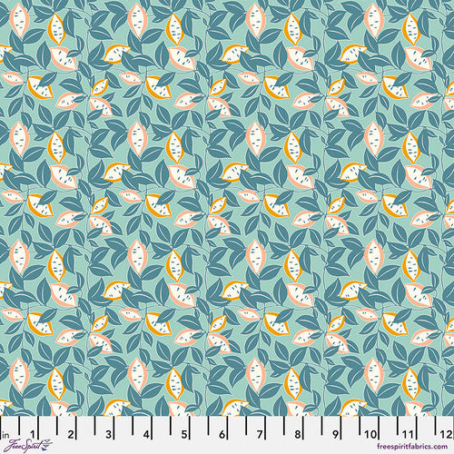 Orange and green leaf shaped botanicals on a light green background Mr. Big Fox from Poppy Pop by Scion for Freespirit Fabrics Teal background with Scandinavian style lemon tree high quality quilt weight cotton for quilting garments clothing sewing projects bags material
