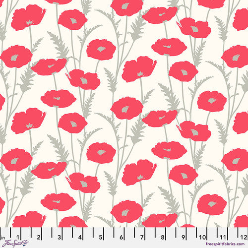 Scarlet red poppies with soft gray grey steams are scattered across a light background from Poppy Pop by Scion for Freespirit Fabrics cream white background with Scandinavian style  high quality quilt weight cotton for quilting garments clothing sewing projects bags material