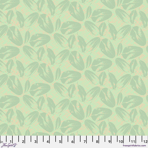 Ficus in Cool from Boho Cloth by Sew Kind of Wonderful for Freespirit Fabrics soft pale sage green with tone on tone darker green Ficus leaf imprints high quality cotton quilt fabric for clothing garments quilts bags and sewing projects