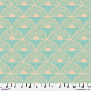 Moonsticks in Cool from Boho Cloth by Sew Kind of Wonderful for Freespirit Fabrics soft turquoise aqua background and pale peachy golden half suns giving off rays  high quality cotton quilt fabric for clothing garments quilts bags and sewing projects 