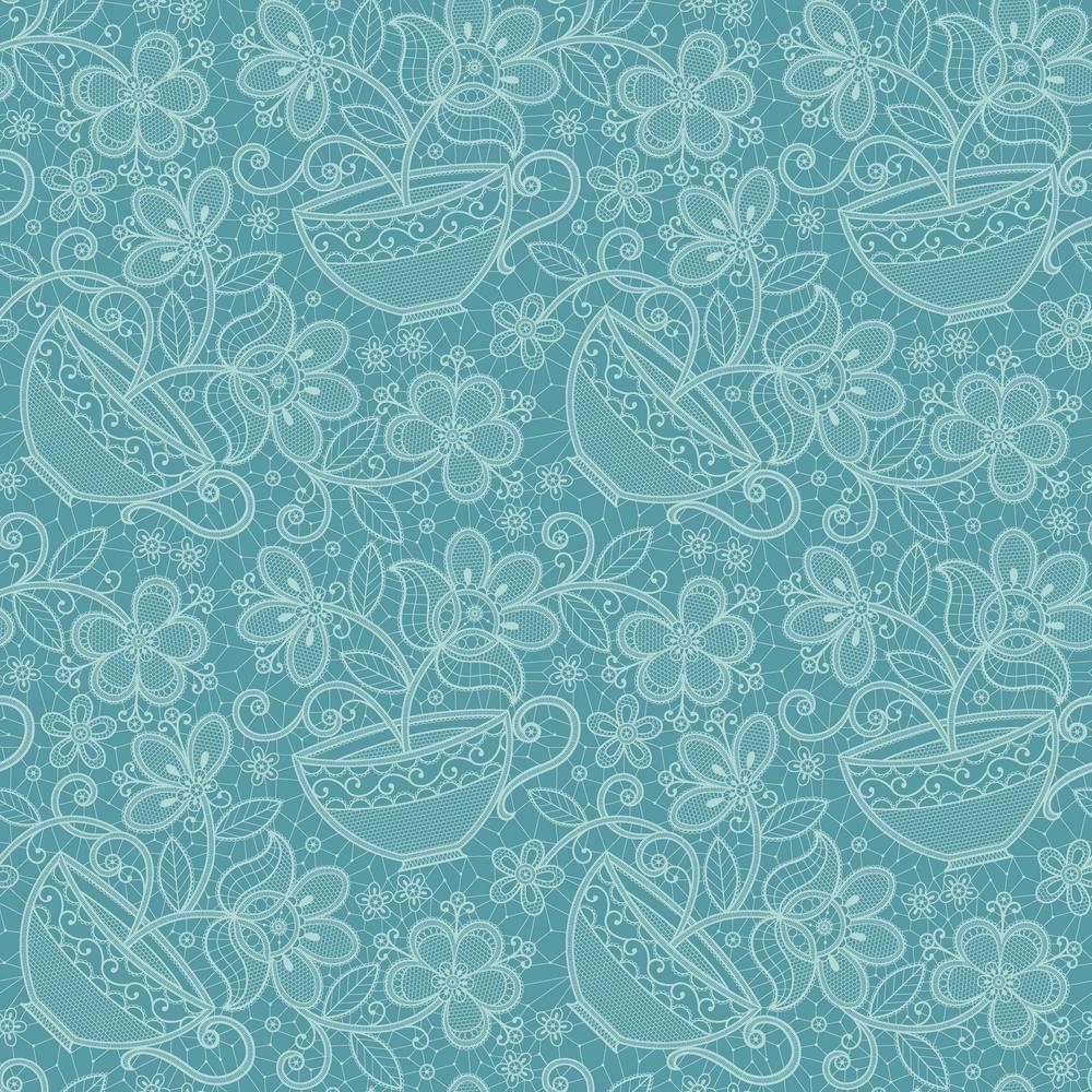 Belle Epoque by Stacy Peterson for Freespirit Fabrics Society in Teal backround with lacy look teacups flowers in soft white high quality quilt cotton for quilts garments sewing projects bags