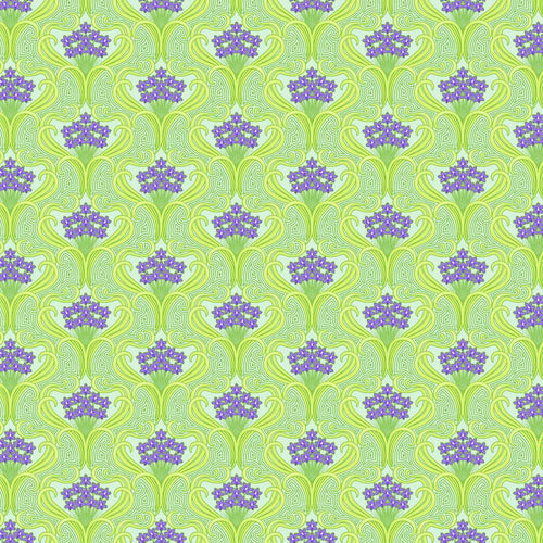 Belle Epoque by Stacy Peterson for Freespirit Fabrics Entwine Lime clusters of small purple flowers on a lime green background with art deco style framing and swirls high quality quilt cotton for quilts garments sewing projects bags