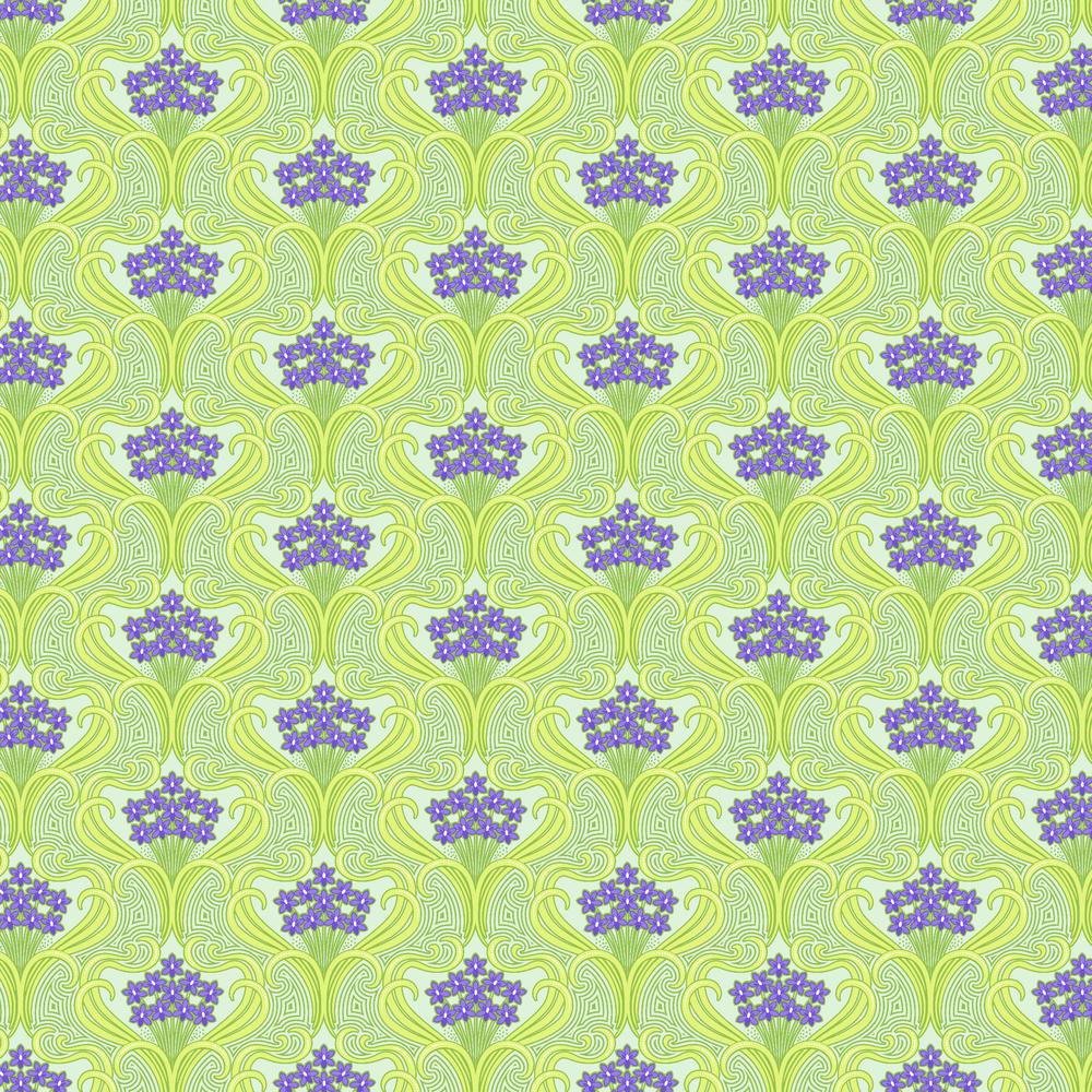 Belle Epoque by Stacy Peterson for Freespirit Fabrics Entwine Lime clusters of small purple flowers on a lime green background with art deco style framing and swirls high quality quilt cotton for quilts garments sewing projects bags