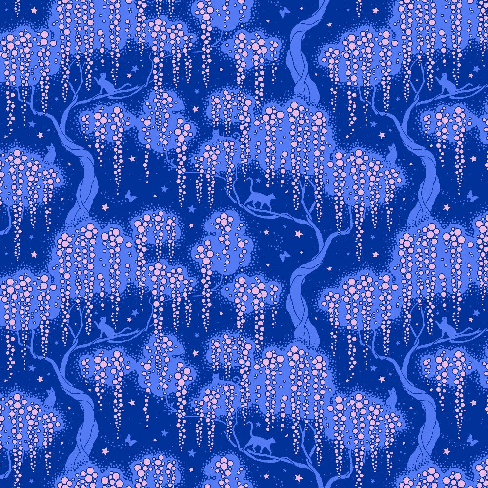 Belle Epoque by Stacy Peterson for Freespirit Fabrics Enchanted trees with mysterious draping vines art deco style deep blue background with tone on tone trees and cats high quality quilt cotton for quilts garments sewing projects bags