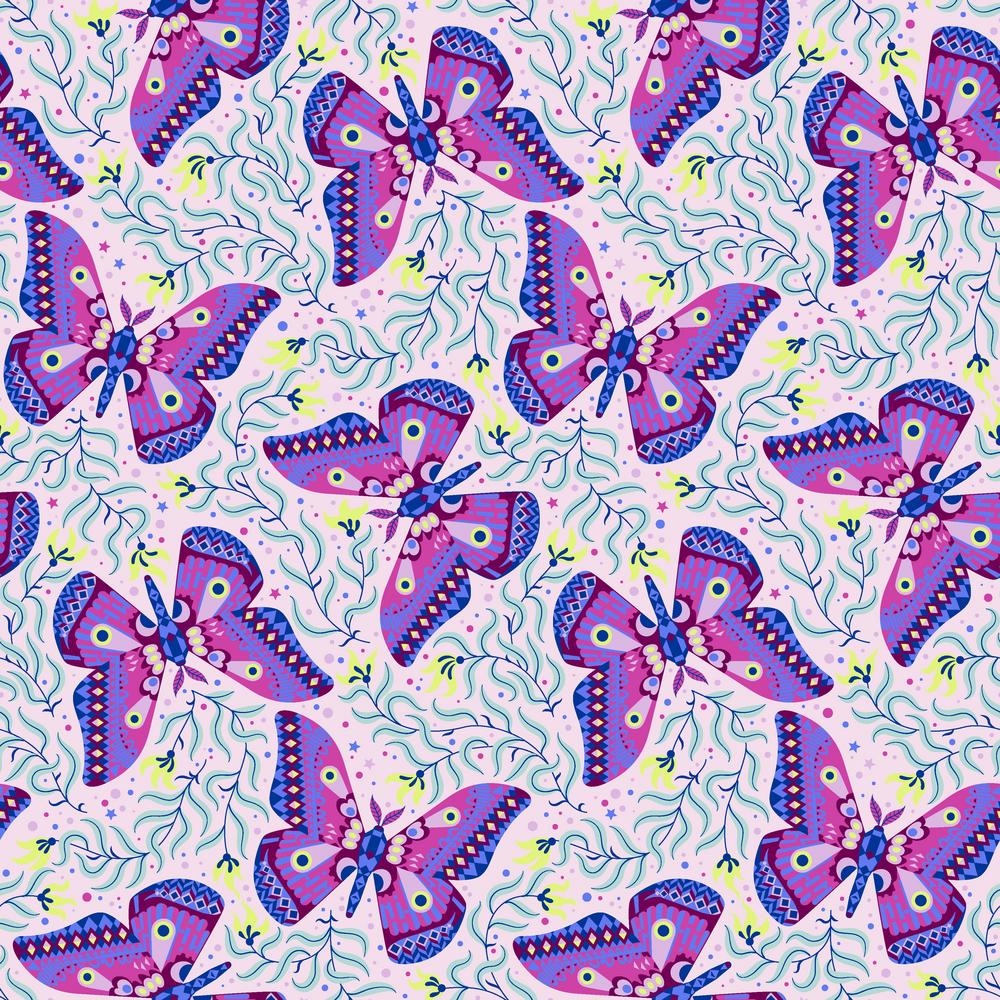 Belle Epoque by Stacy Peterson for Freespirit Fabrics Modern Moth in Blush pink background with stylized moths colorful designs on wings in purple blue raspberry pink light green vines with yellow flowers between the moths scattered high quality quilt cotton for quilts garments sewing projects bags