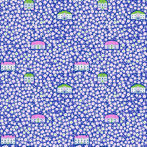 Belle Epoque by Stacy Peterson for Freespirit Fabrics Chateau in Violet whimsical manor houses scattered on a field of small violet daisies with white petals high quality quilt cotton for quilts garments sewing projects bags