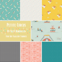 Load image into Gallery viewer, Petite Circus fat quarter bundle Alex Bordallo for Art Gallery Fabrics old time circus vintage retro style big top tent dancing horses carousel elephants admit one tickets harlequin small black and white diamonds fabric material for quilt sewing projects
