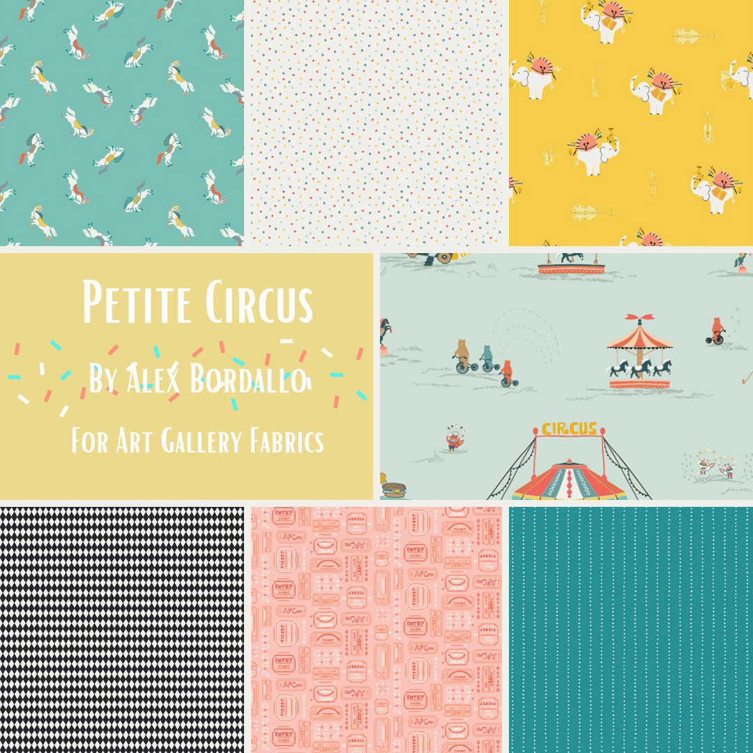 Petite Circus fat quarter bundle Alex Bordallo for Art Gallery Fabrics old time circus vintage retro style big top tent dancing horses carousel elephants admit one tickets harlequin small black and white diamonds fabric material for quilt sewing projects